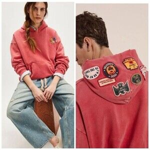 FOUND Multi Patch Hoodie Oversized Faded Red Sz Small Unisex Long Sleeve Pocket